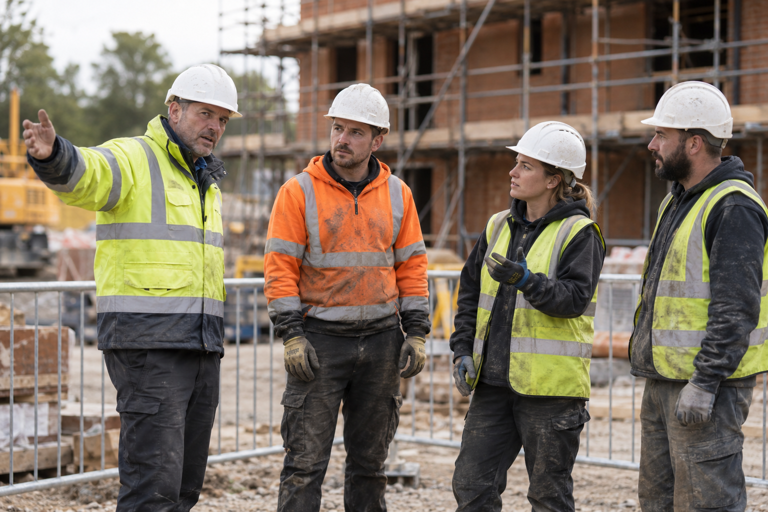 Construction supervisor discussing risk assessment findings and safe working controls with site operatives.