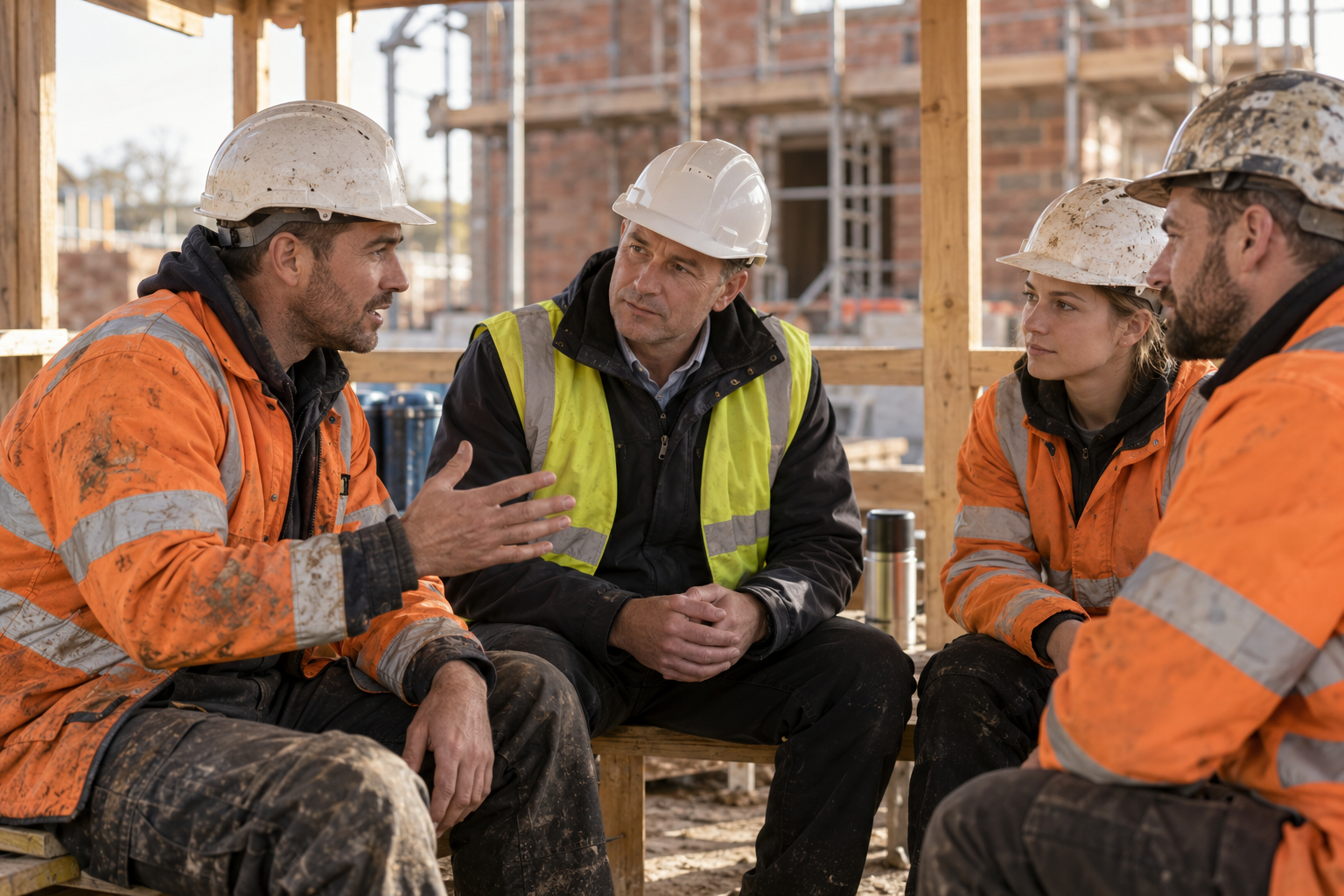 Construction supervisor listening to an operative raise a safety concern during an open discussion with the site team.